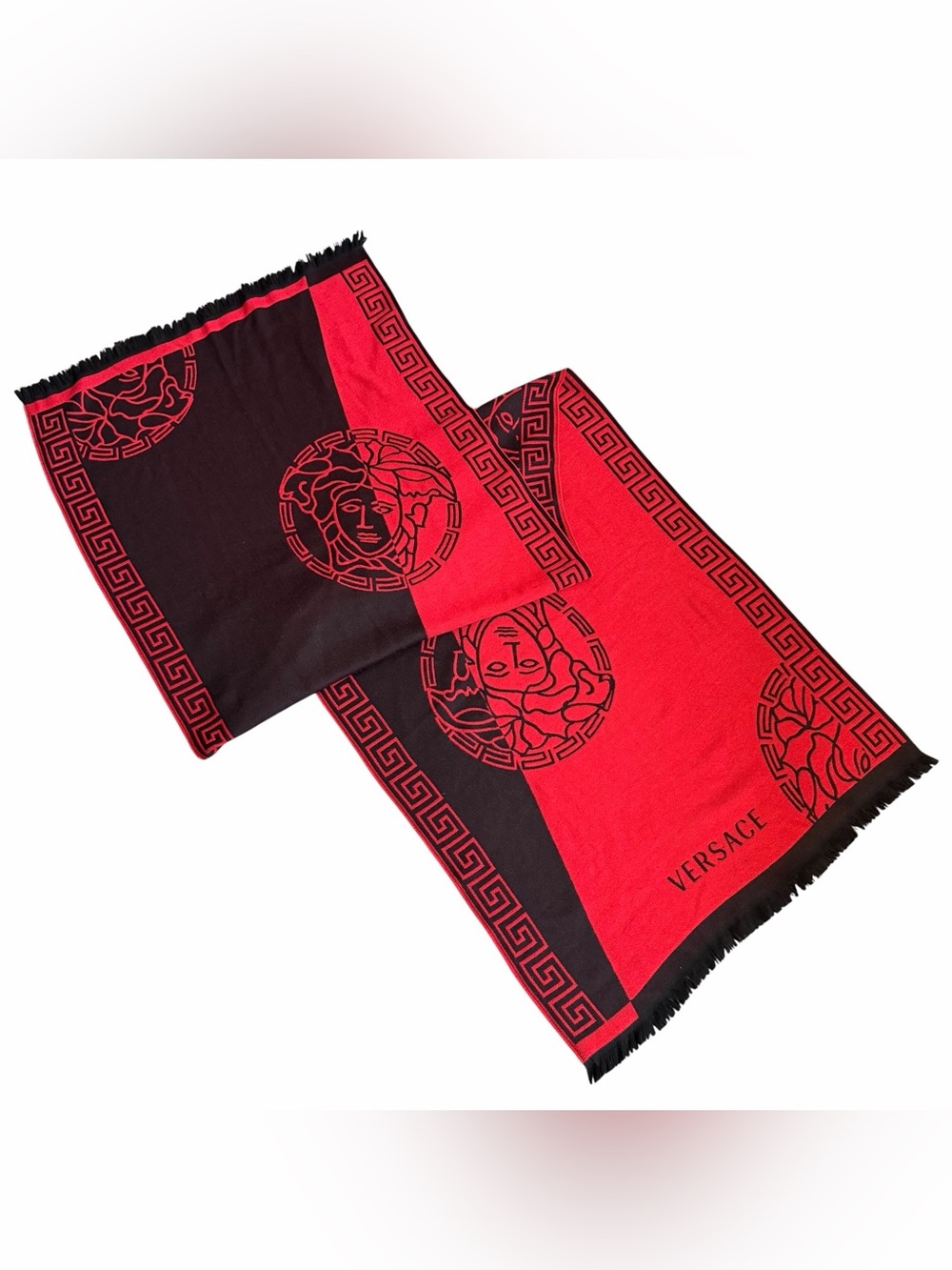 Vintage Versace Medusa Head Print Red Black Wool Scarf 83”x 27” Made In Italy